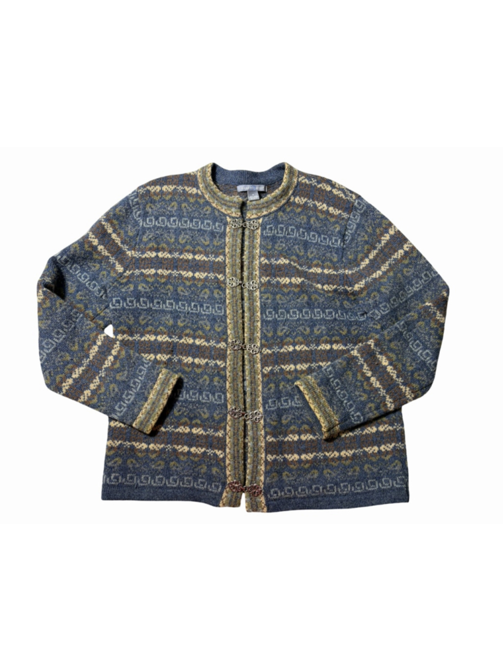 Carroll Reed 100% Wool Nordic Fair Isle Cardigan Sweater M Pewter Clasps Folk